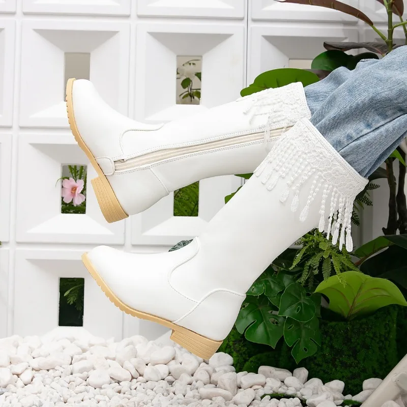 Outdoor Girl Winter Riding Boots Tassel Fashion Children's Causal Shoes Boots for Princess White Catwalk Kids Long Plush Boots