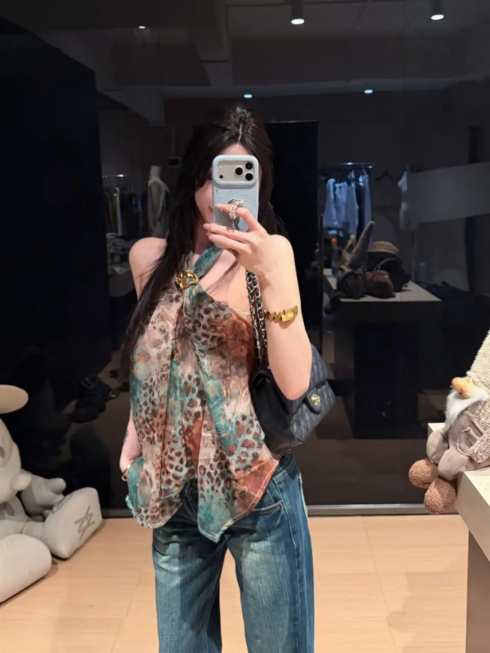 American Retro Leopard Print Halter Neck Loose Chiffon Sleeveless Top Women's Summer Sexy Spicy Girl Atmosphere Hanging Neck ...
