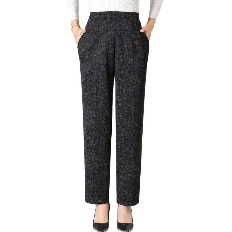 특대 여성 바지 봄 가을 탄성 높은 허리 캐주얼 바지 여성 느슨한 스트레이트 바지 겨울 벨벳 긴 바지