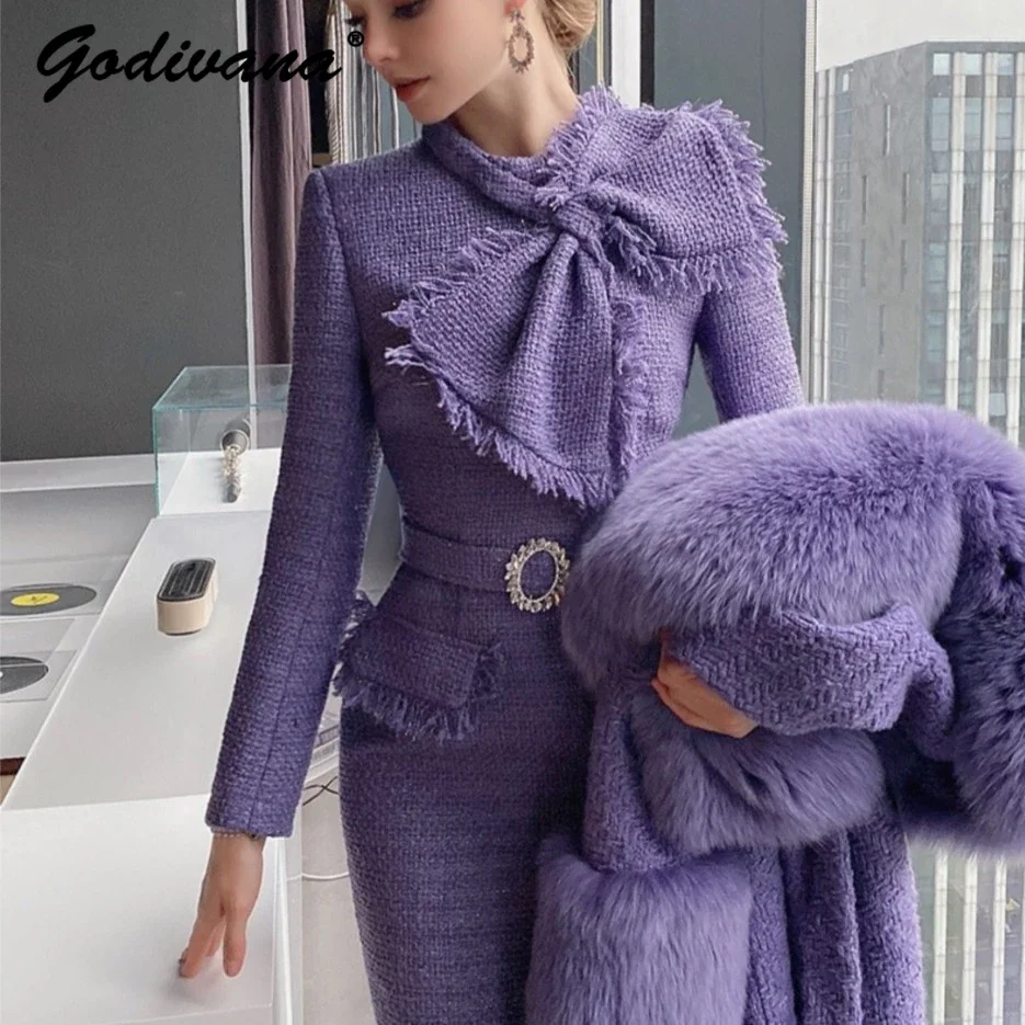 

Elegant Big Bow Drill Buckle Belt Tight Waist Dress OL Ladies Autumn and Winter Long Sleeve Slim Purple Tweed Step Dresses