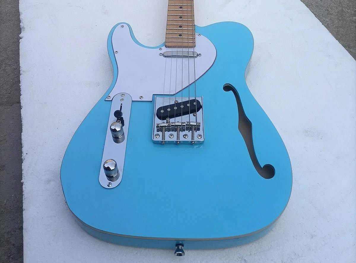 High Quality Left handed Sky Blue 6 Strings  Guitar Maple Fretboard Semi Hollow Body Factory Customizable