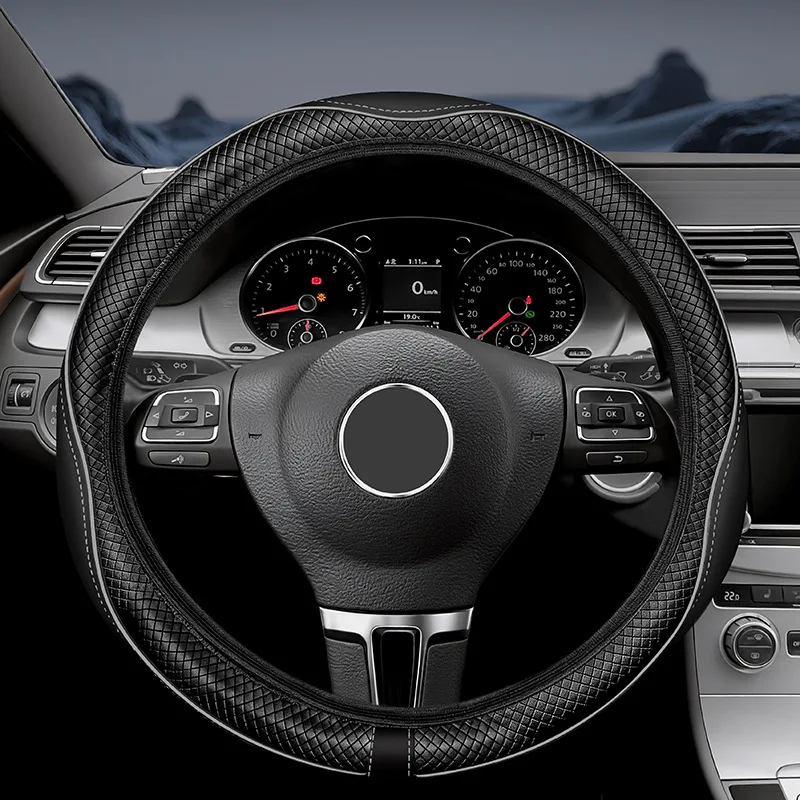 Car Steering Wheel Cover 1pc Anti-Slip Inner Diamond Embossed Faux Leather Soft Grip Universal Fit Auto Interior Accessories