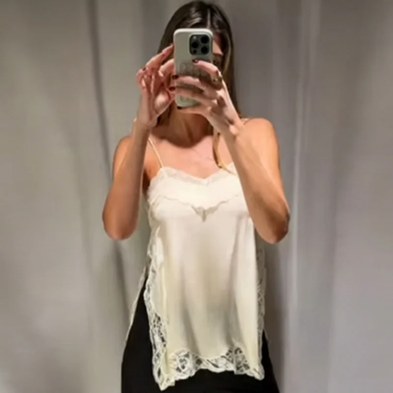 HXAO Gelbes Spitzen-Slip-Top für Damen, Sommer 2026, sexy Satin-V-Ausschnitt, ärmelloses, rückenfreies Top für Damen, Y2K Fashion Streetwear Camisole – Detail 7
