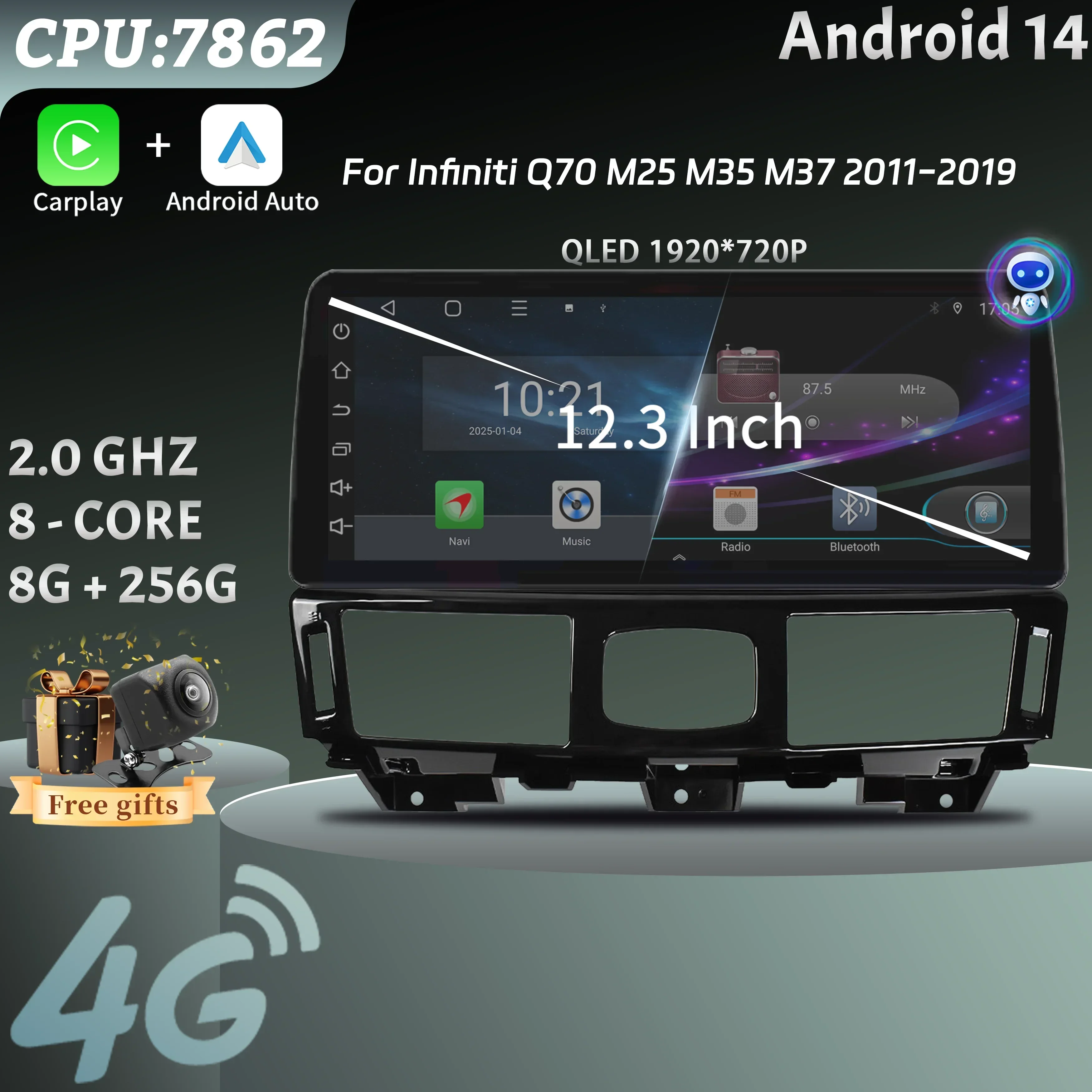 12.3inch For Infiniti Q70 M25 M35 M37 2011-2019 Car Radio Multimedia Navigation 4G GPS Wireless Carplay Touch Head Unit Screen
