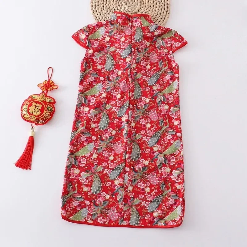 New Year Red Qipao Summer Dress Girls Fragmented Flower Clothes Girls Retro Classical New Chinese Style Print Button Dresses