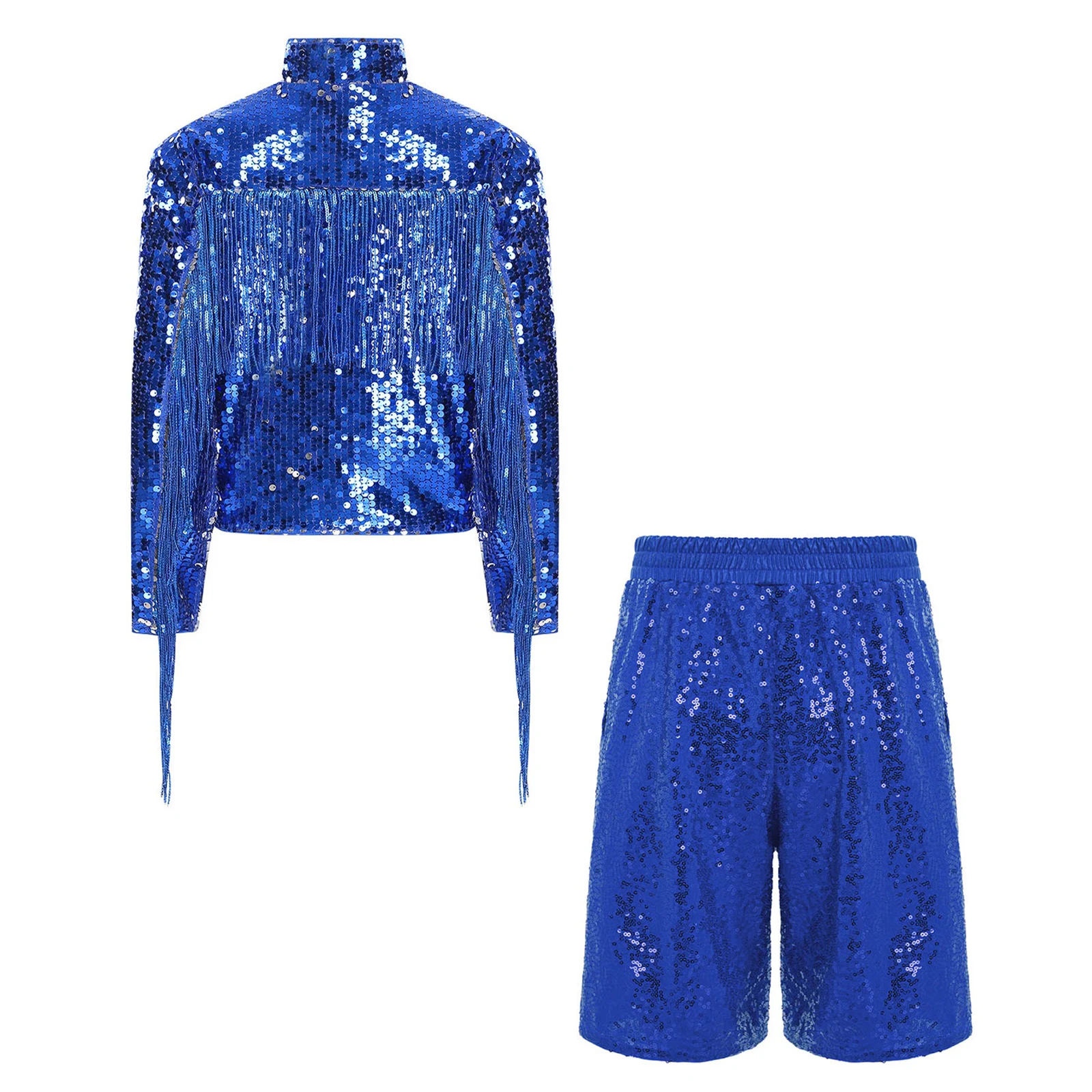 Children Boys Sequin Jazz Tango Latin Dance Outfit Disco Performance Costume Glittery Long Sleeve Zip Tassel Jacket And Shorts