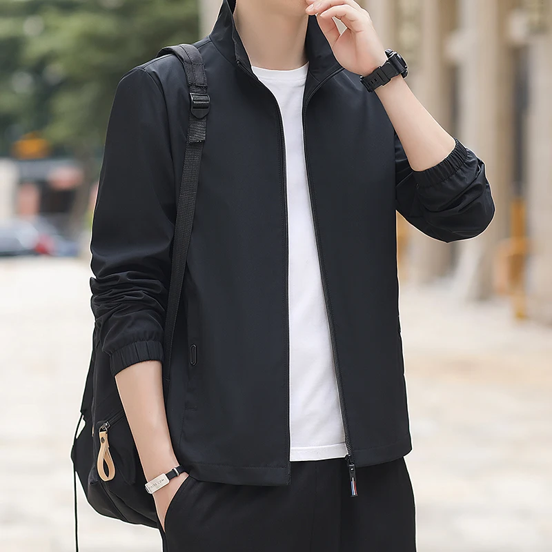 

Men's Stand Collar Casual Jacket Spring & Fall New Pure Color Black Windproof and Waterproof Outdoor Jacket
