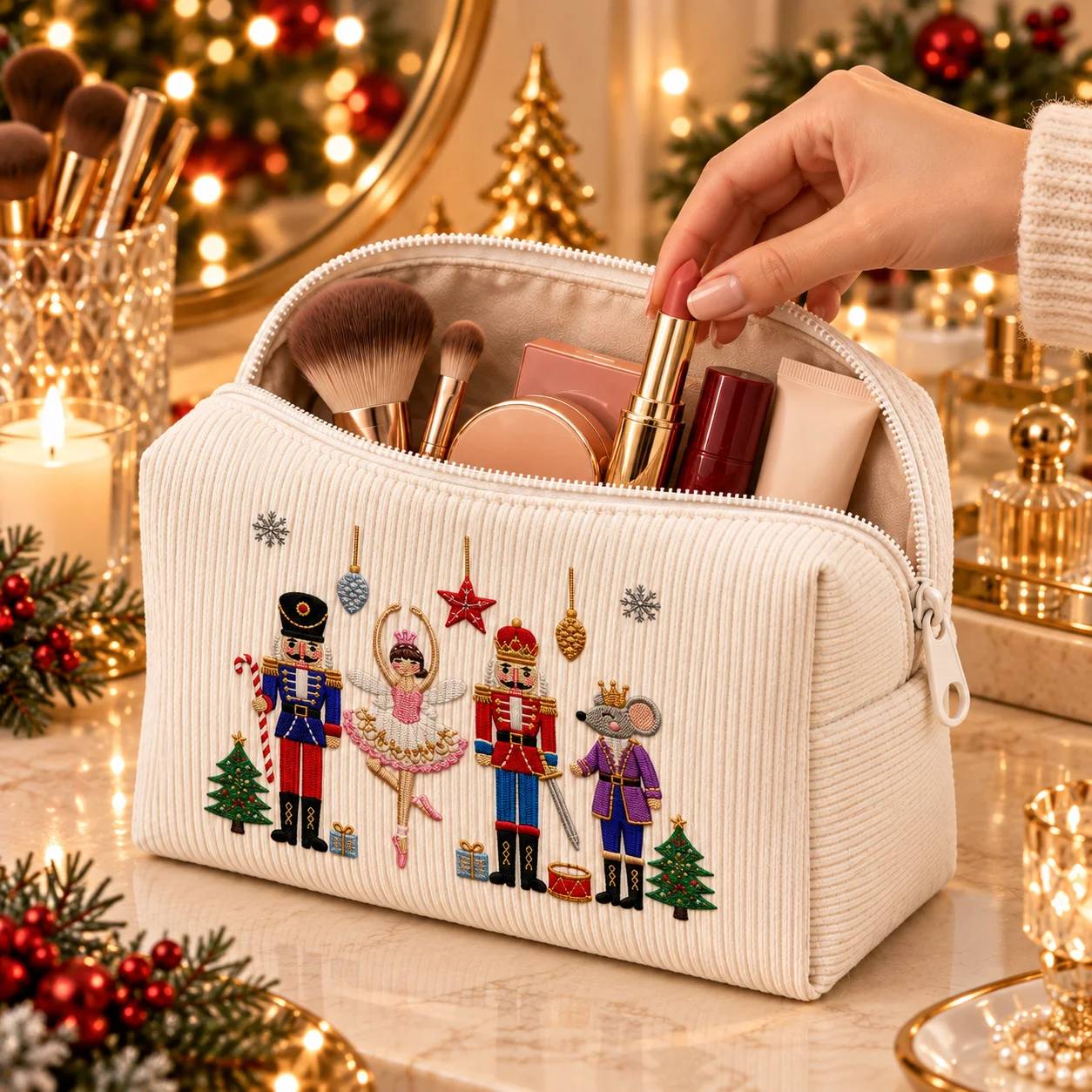 Nutcracker Printed Makeup Bag Corduroy Cosmetic Organizer Zipper Toiletry Storage Pouch for Women Travel Beauty Accessories