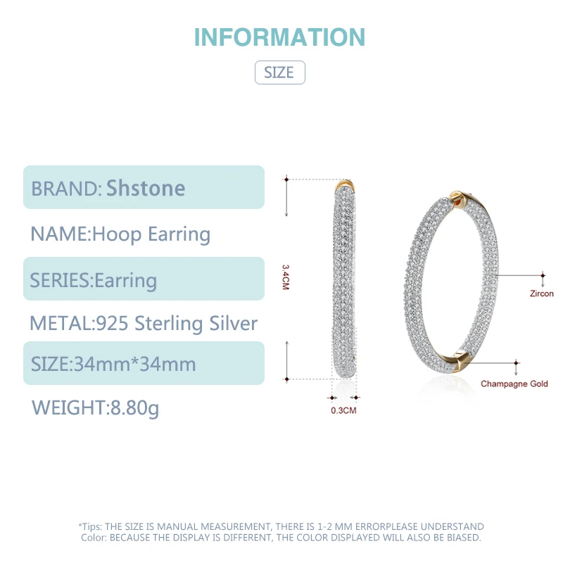 925 Sterling Silver 34mm 18K Gold Zircon Circle Hoop Earrings For Women Fashion Wedding Jewelry