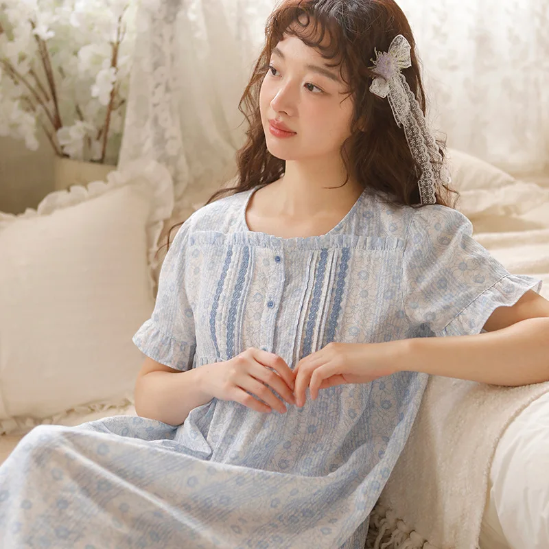 Sweet Floral  Cotton Round Neck Nightgowns For Women  Short Sleeve Loose Elegant Nightwear