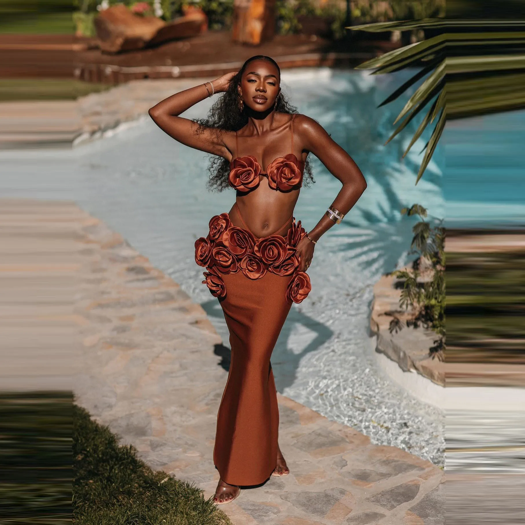 

Sexy Two‑Pieces Flower Evening Dresses Bust‑Fitted Bodysuit Paired with High Waist Gala Prom Dressing Gowns 3D Rose Floral Party