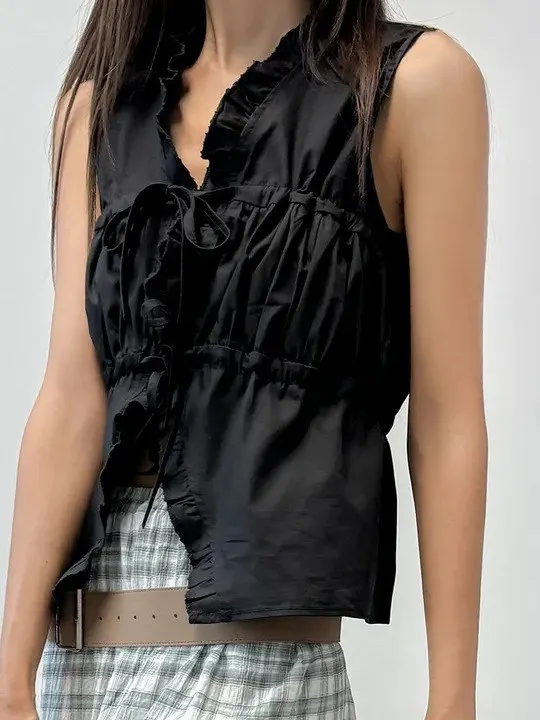 Gilet d'été Anti-âge pour femmes, irt, coréen, rétro, personnel, oreilles en bois, v-ne, taille plissée, haut amincissant