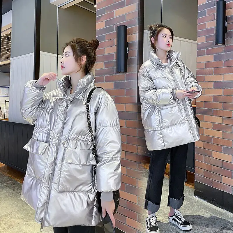 Autumn Winter Down Cotton Jacket Women Korean Loose Bright Face Stand Collar Padded Outwear Waist Drawstring Parka Coat Female