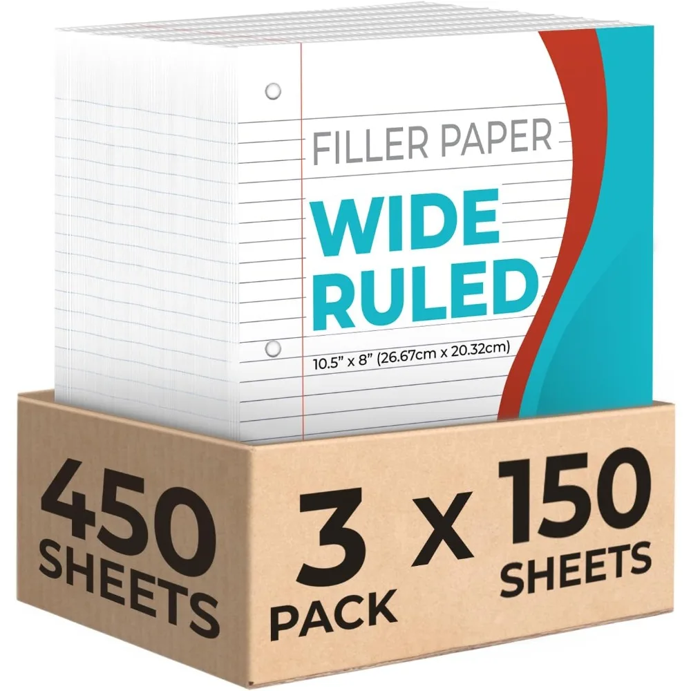 Loose Leaf Paper 3 Pack Wide Ruled 8 x 10.5 Inch 450 Sheets Bulk 3 Hole Punched Filler Paper for Binders Office School Supplies White Notebook Paper
