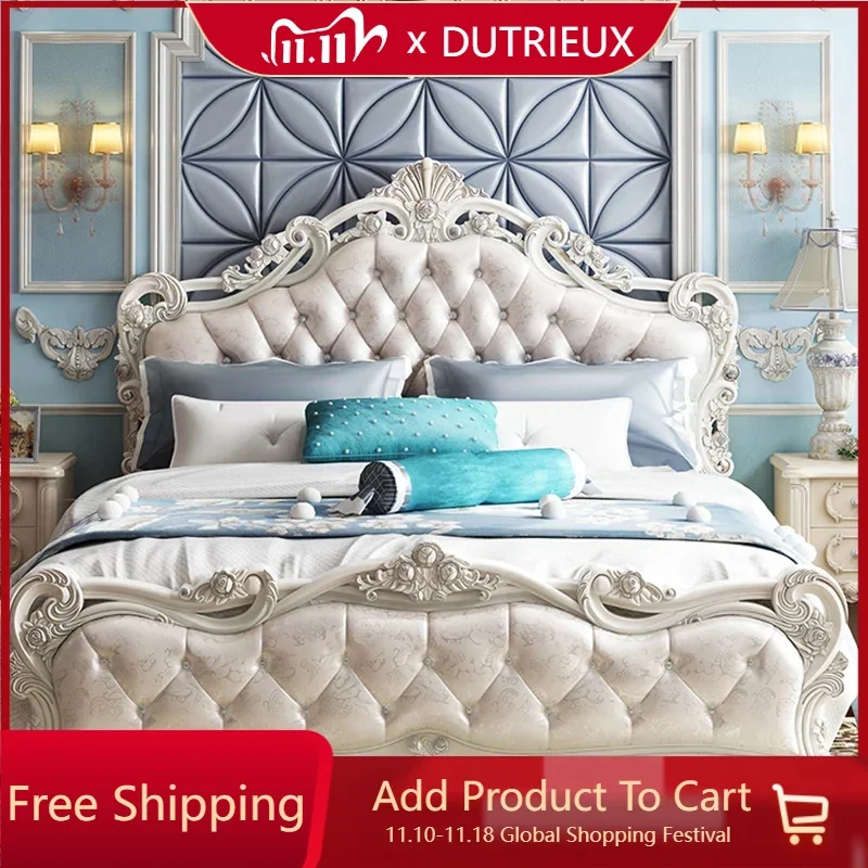 

French Style Modern Double Bed Wood European Style Leather Comferter Queen Bed Luxury Princess Cama Box Casal Bedroom Furniture