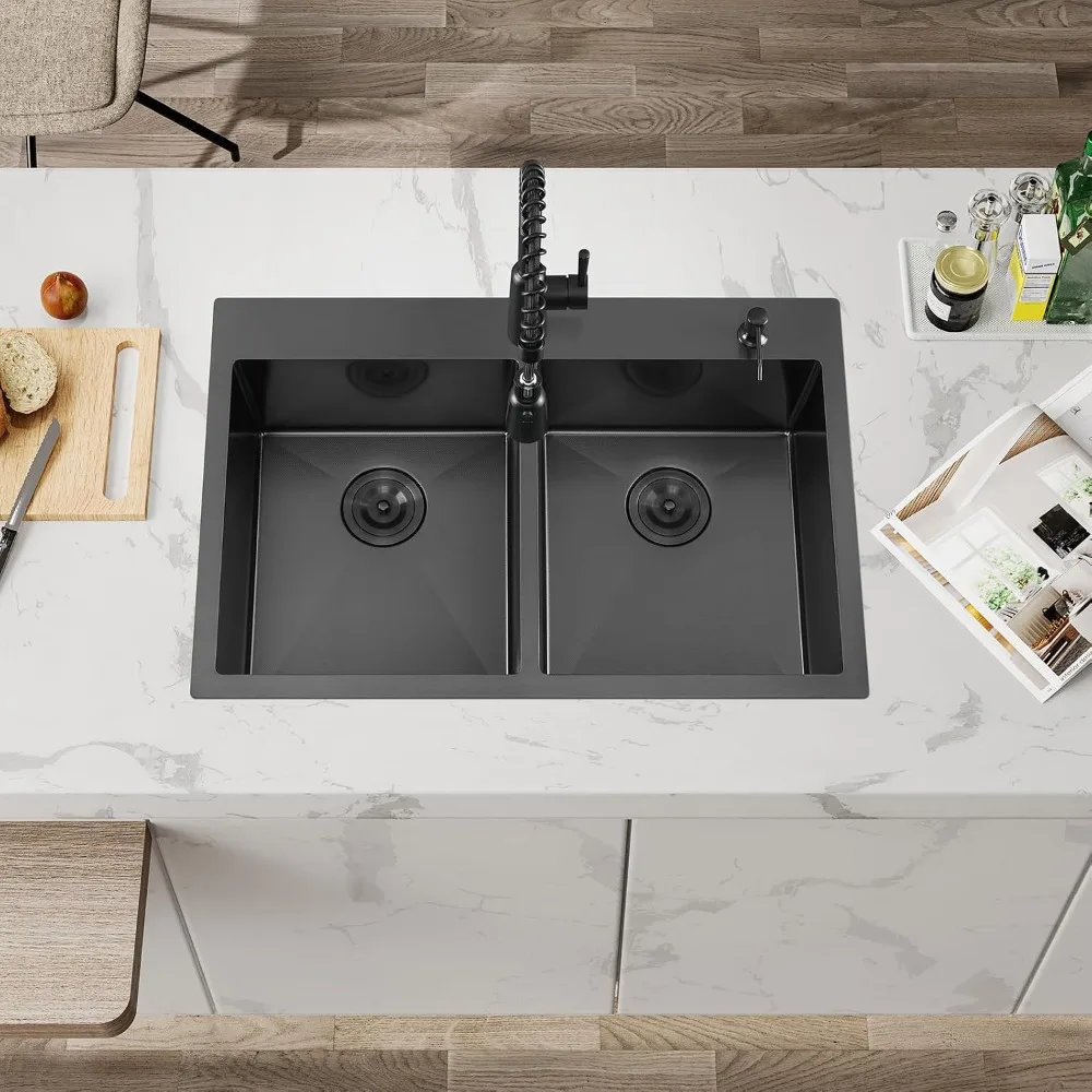 33 Inch Black Drop In Double Bowl Kitchen Sink