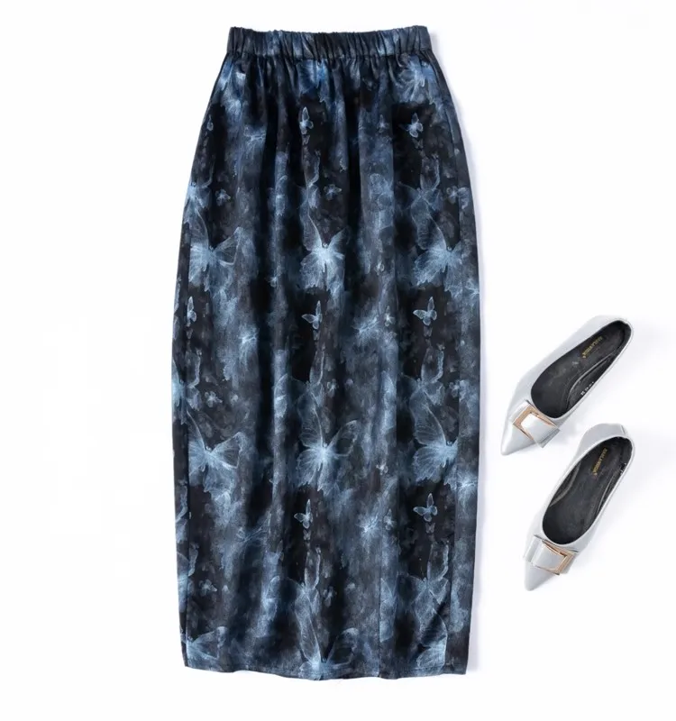 

Birdtree Women's 100% Silk Skirt,Craquelure Gambiered Gauze Elastic Waist Flower Bud Skirt,2025 New Summer D55625JF