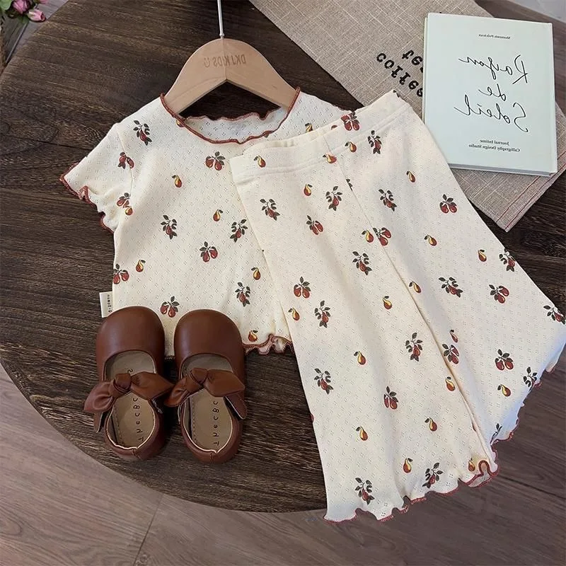 IYEAL Girls' Summer Home Suit Set Baby Fashion Korean Version Ruffle edge Floral Air Conditioning Suit Pajamas