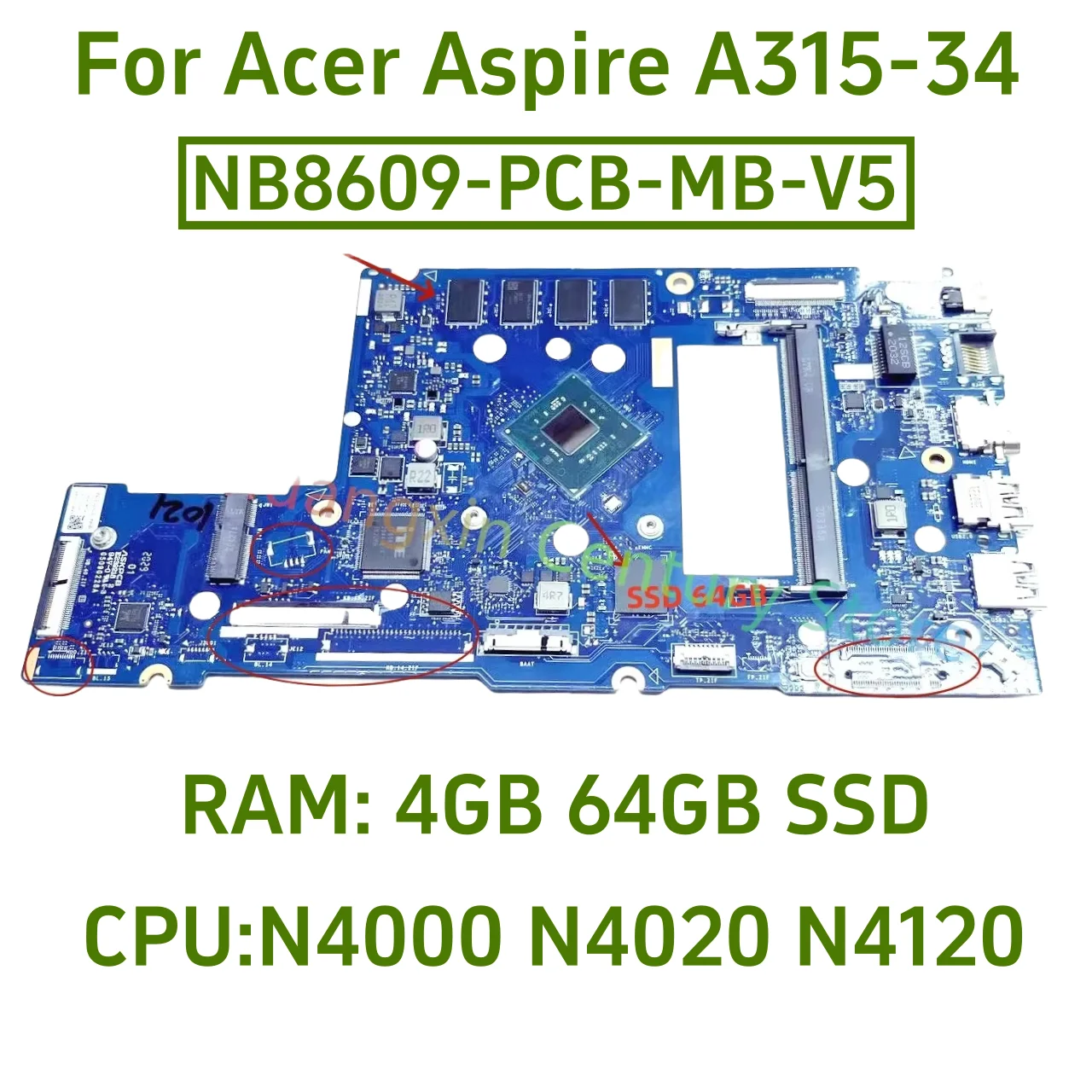 

Подходит для материнской платы ноутбука Acer Aspire A315-34 V5 V6 N4000 N4020 N4120 CPU RAM: 4 Гб 64 Гб SSD