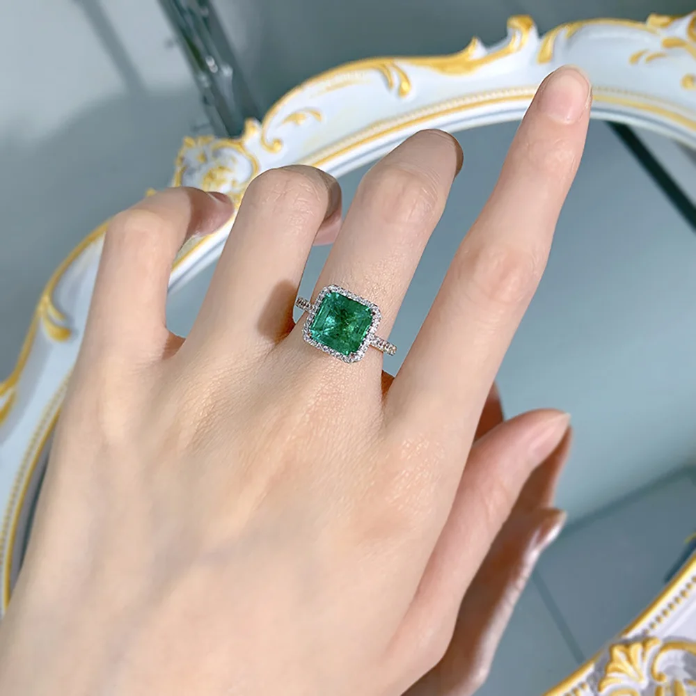 Vintage 100% 925 Real Silver 9*9mm Green Paraiba Tourmaline Rings for Women Gemstone Wedding Ring Cocktail Party Jewelry Gift