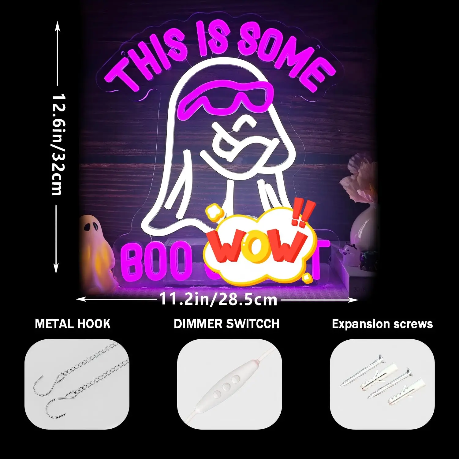 Boo Ghost Neon Sign for Wall Decor Humorous Ghost Light Funny Holiday Atmosphere Dimmable Switch for Bedroom Living Room Gift