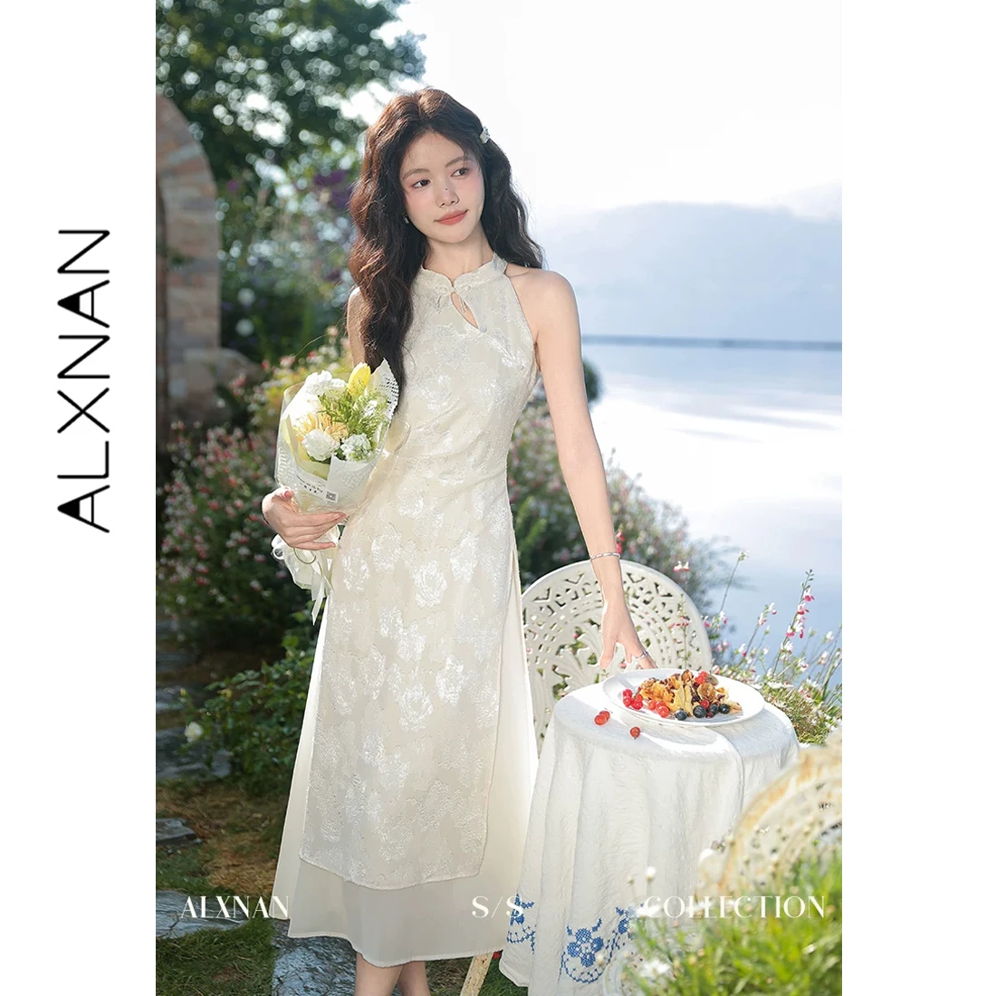 

ALXNAN New Chinese Halter Neck Hollow Out Sleeveless Dress 2026 Summer Elegant A-line Off Shoulder Midi Dresses Women L36502