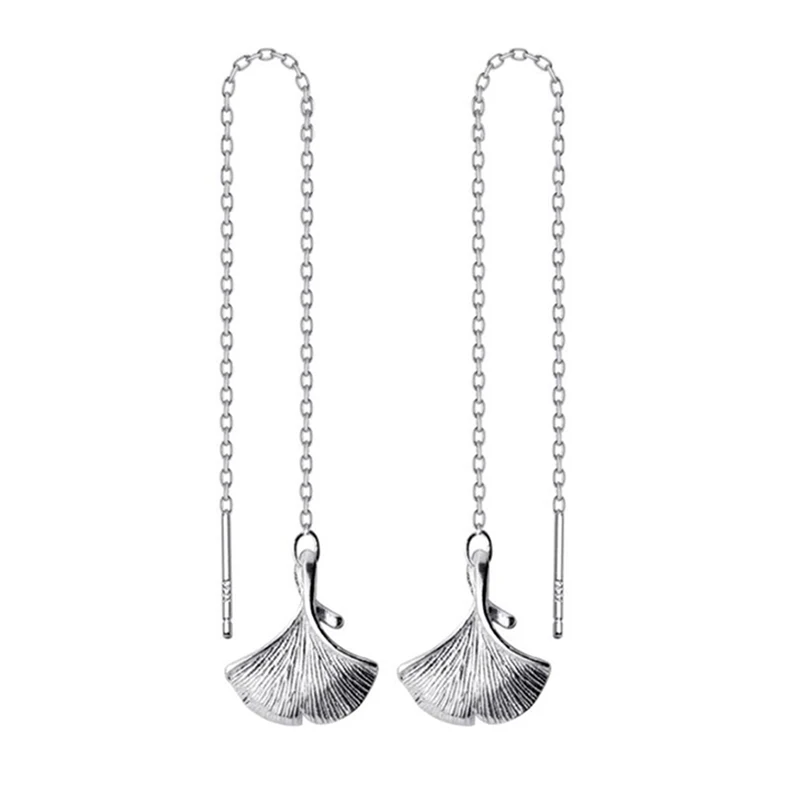 Solid S925 Sterling Ginkgo Biloba Leaf Drop Earrings for Women Long Chain Girl Earring Plant Silver Jewelry