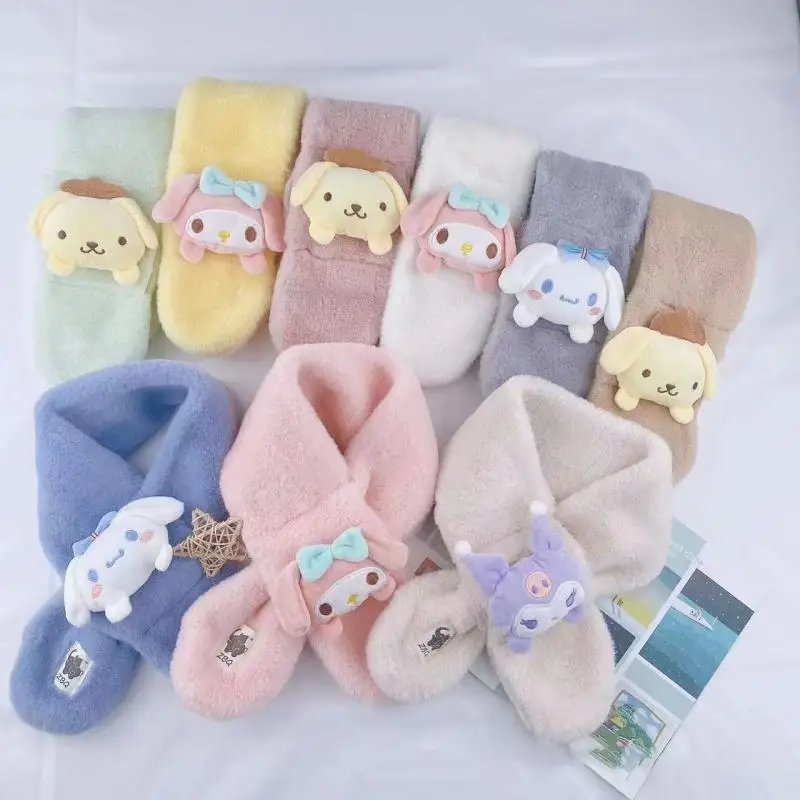 Bufanda Kawaii de Anime Sanrios para niños, Cinnamoroll, niño y niña, My Melody Kuromi, Otoño Invierno, muñeco de peluche, pañuelo para salir, regalo cálido y frío