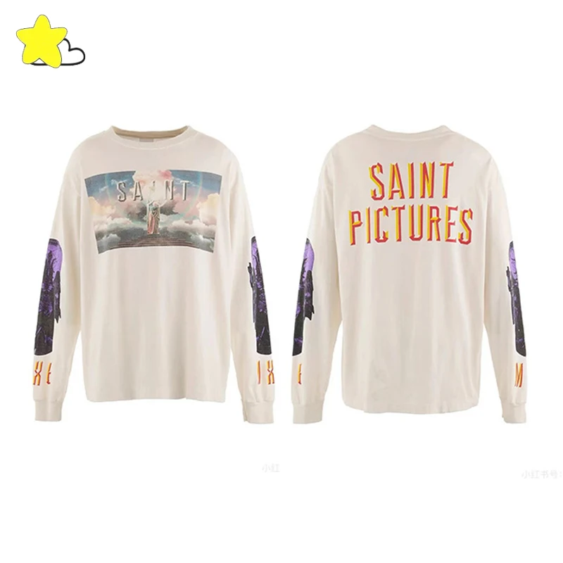 

High Street Graphics Print Cement White SAINT Long Sleeve T Shirt Men Women Orange Letters Logo Print T-Shirt Oversized Tops