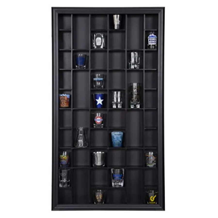 

Black Wall-Mounted Gallery Display Case with Glass Door for Curio and Shot Glass Collection - Ideal for Bar Accessories Miniatu