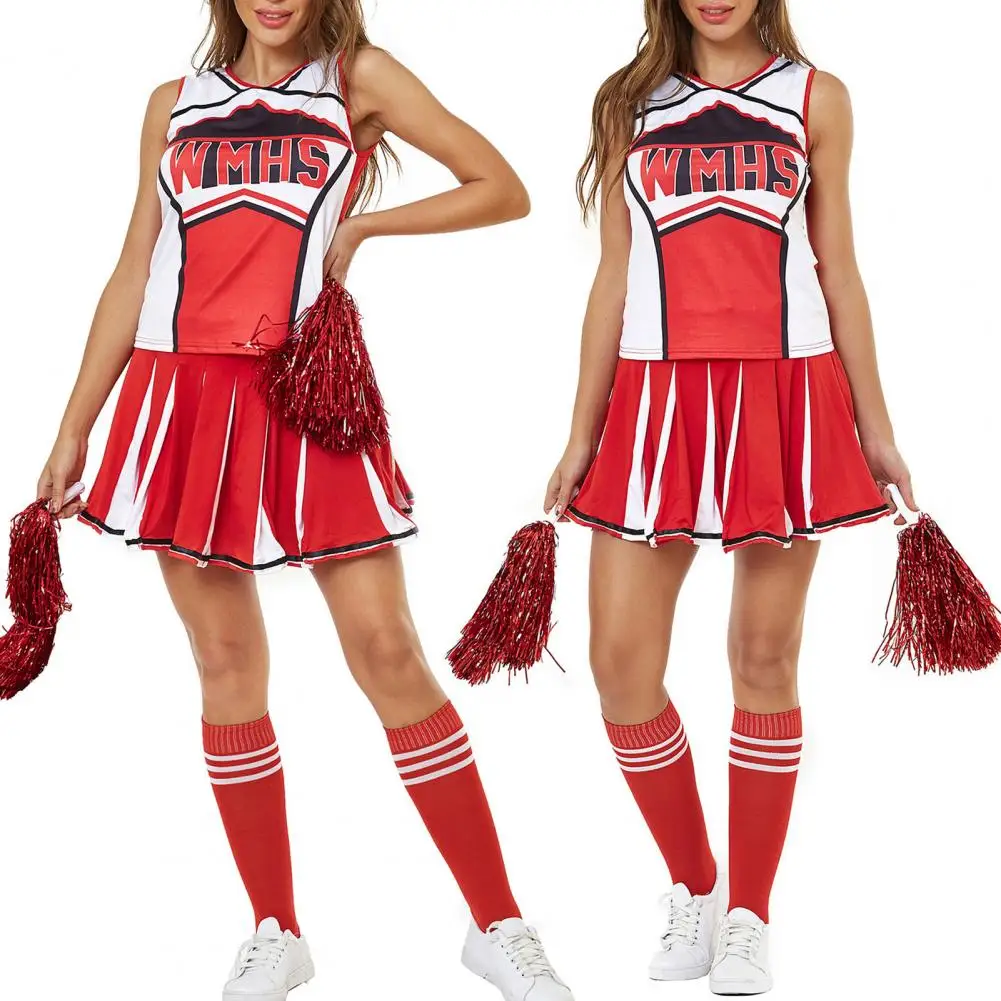 2 Pcs/Set Cheerleader Performance Outfit Sleeveless Top Skirt Set Glee Cheerleading Costume Varsity Cheerleader Fancy Dress Unif