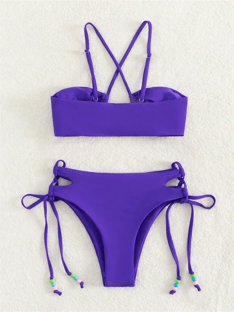 Set bikini sexy a vita alta donna 2024 arancione viola scava fuori perle push up micro costume da bagno costume da bagno da spiaggia costumi da bagno con lacci