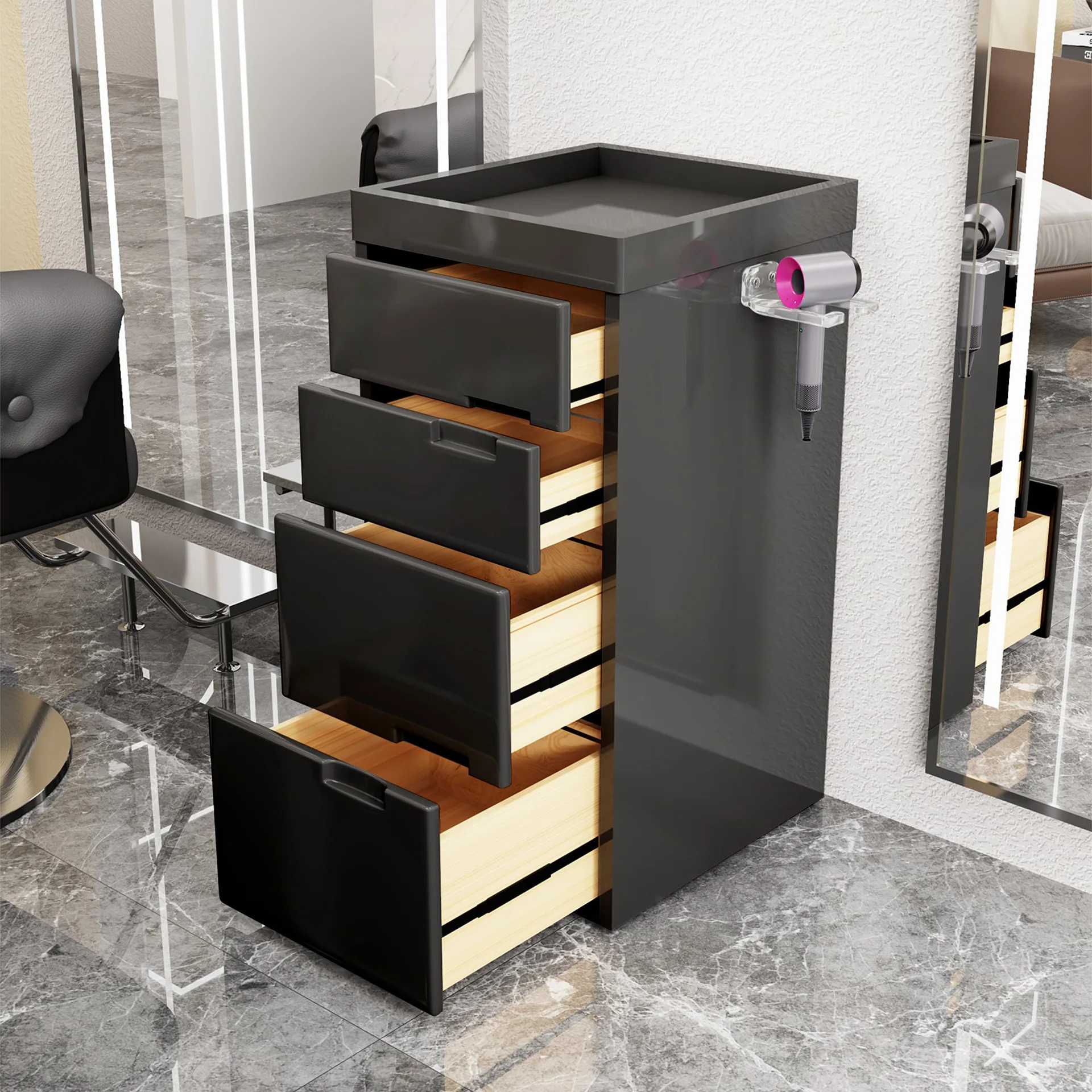 High End Modern Simple Gray Black Wooden Salon Tool Cart Luxury 4 Tier Beauty Hair Salon Trolley Cart with Drawers