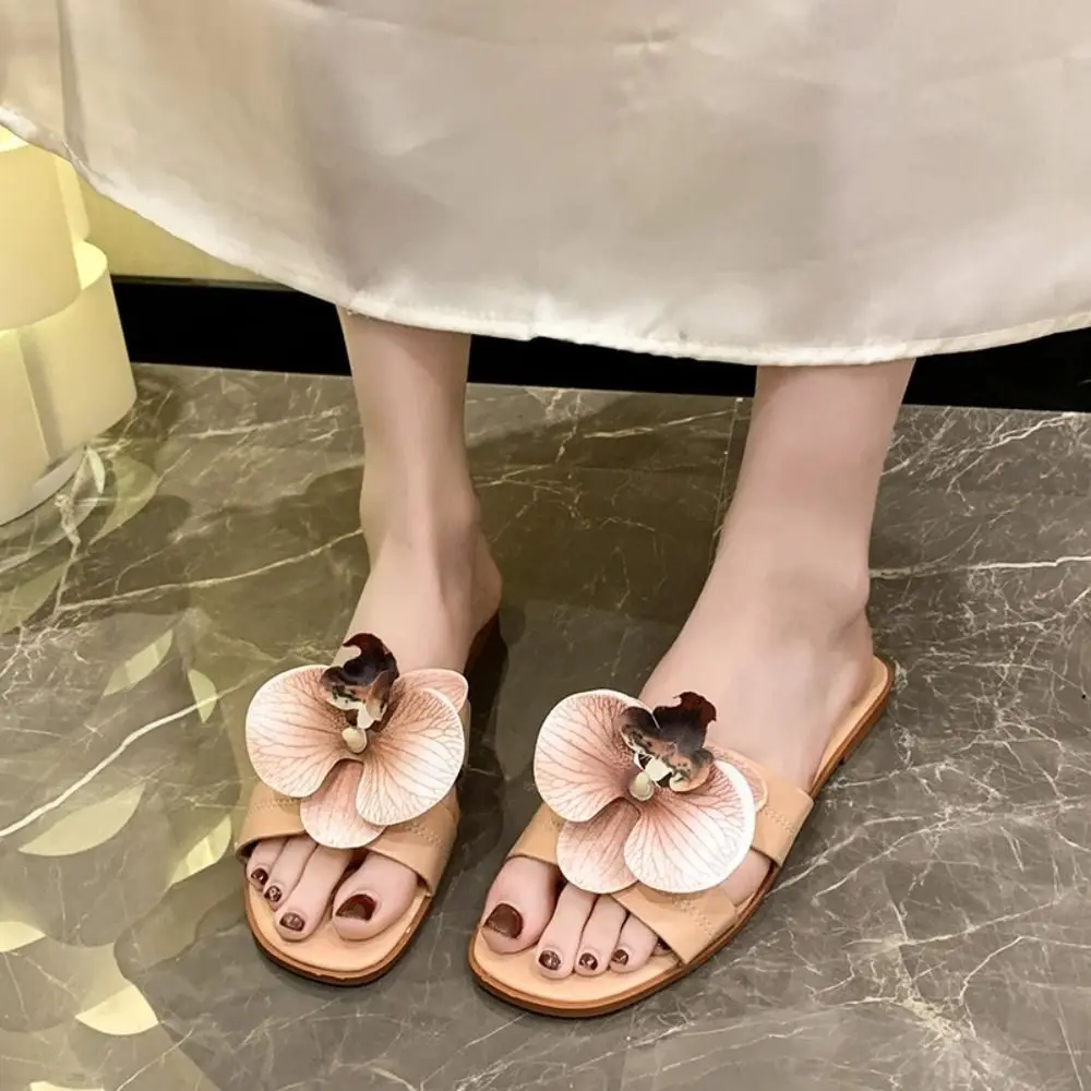 Fashion Waterproof Flower Flip Flops Non-Slip Soft Vacation Beach Slippers Shoes PU Leather Butterfly Orchid Sandals Swimming