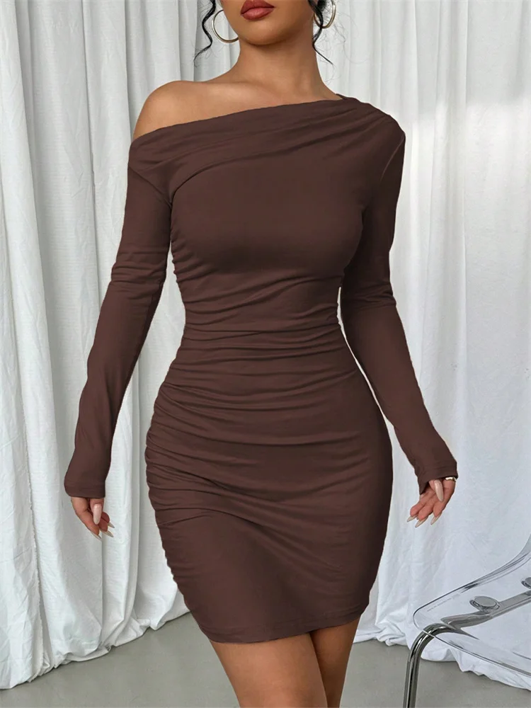 Autumn Elegant Long Sleeve Slanted Collar Bodycon Solid Color Prom Package Hips Dress Women Evening Party Festival Mini Dresses