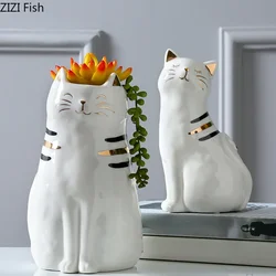 Cute Ceramic Cat Flower Vase Ceramic Handicraft Ornaments Animal Sculpture Cartoon Cat Flower Arrangement Accessories Vases