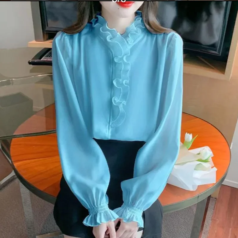 2024 NewFashion Blouse Long Sleeve All-matchSpring Top Tee Femaletemperament Ruffles Chiffon Shirts Women Clothing Solid Color