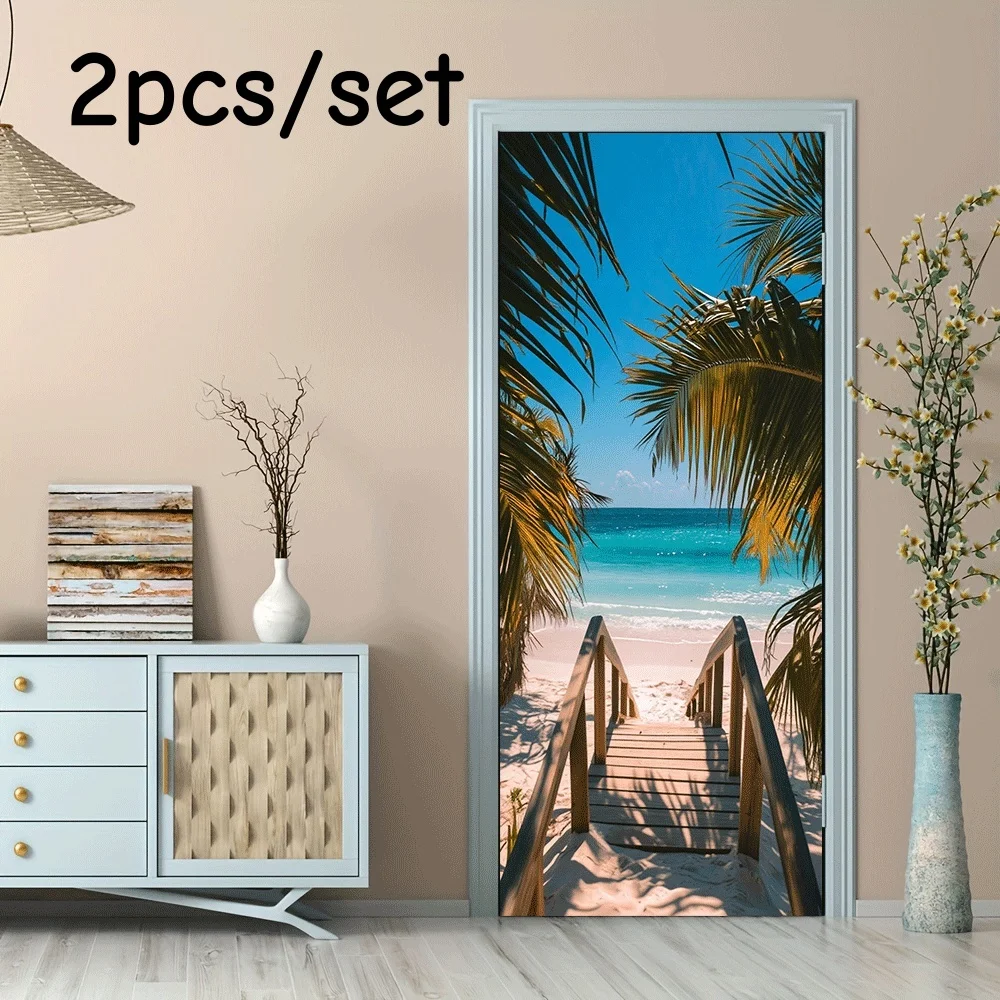 2 Stück Wandaufkleber im tropischen Stil mit Strand- und Holzbrückenmotiv, für Wohnzimmer, Schlafzimmer, Eingangsbereich, Hintergrund, Wanddekoration, selbstklebend