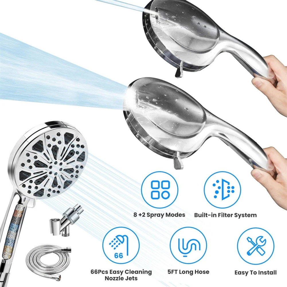 1pcs Handheld Shower Head 8 Spray Settings Pause Switch High Pressure Filtration Showerhead With 5FT Extra Long Hose