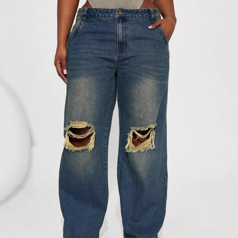 بنطال جينز نسائي جديد على الطراز الأوروبي والأمريكي ممزق بأرجل مستقيمة #3