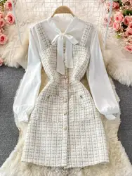 Women Two Piece Set 2025 Korean Fashion Bowtied Collar White Blouse And Spaghetti Strap Single Breasted Mini Tweed Dress Suits