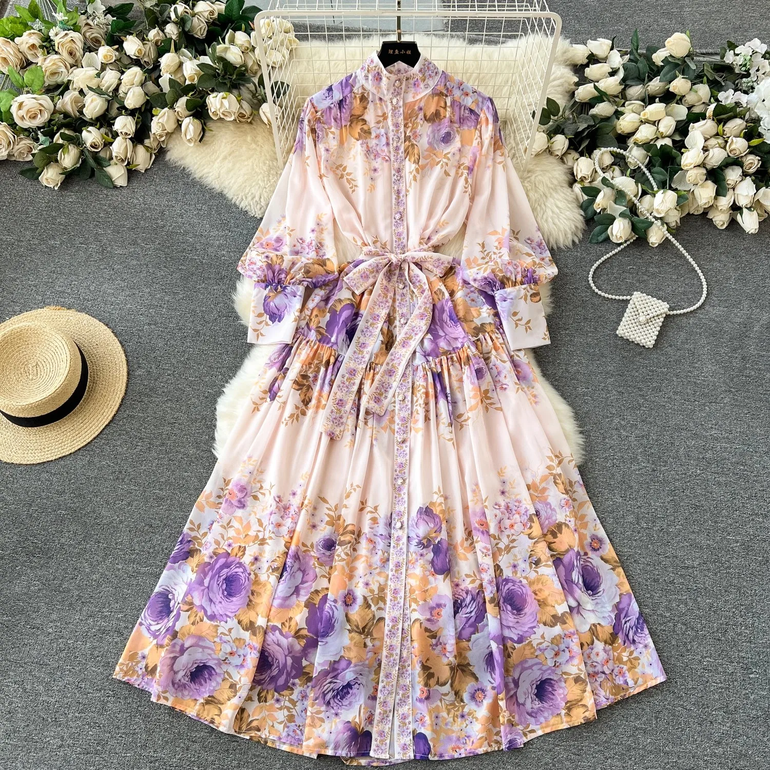 

New Gorgeous Flower Chiffon Women Stand Collar Lantern Sleeve Lace Up Bow Spring Summer Women Casual Boho Dresses