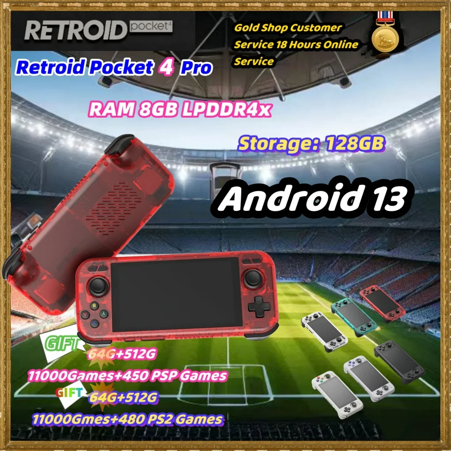 

Retroid Pocket 4 Pro HandheldS4.7 Inch Video Game 8G+128GB RP4 Android 13 WiFi 6.0 Bluetooth Console 512G 70000 Games PSP PS2