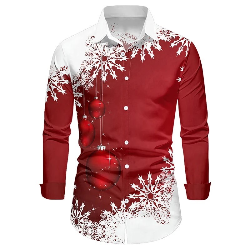 2024 Men's Christmas Shirts Tops Ball Snowflake Print Long Sleeve Shirt Contrast Color Button Up Casual Shirt