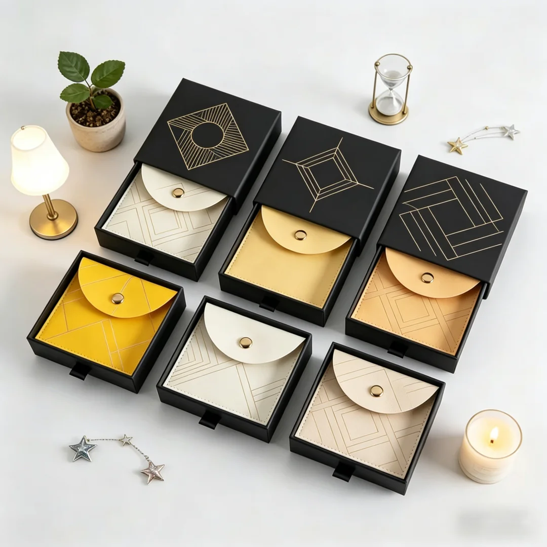

Black Customizable Logo Jewelry Box Cardboard Earrings Rings Necklaces Storage Case Wedding Gift Microfiber Snap Bag Sack