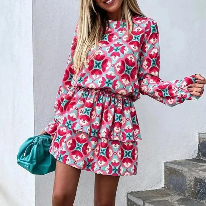 FD341 New 2023 Women's Printed Long Sleeved Top Casual Short Skirt Two-Piece Set For Women