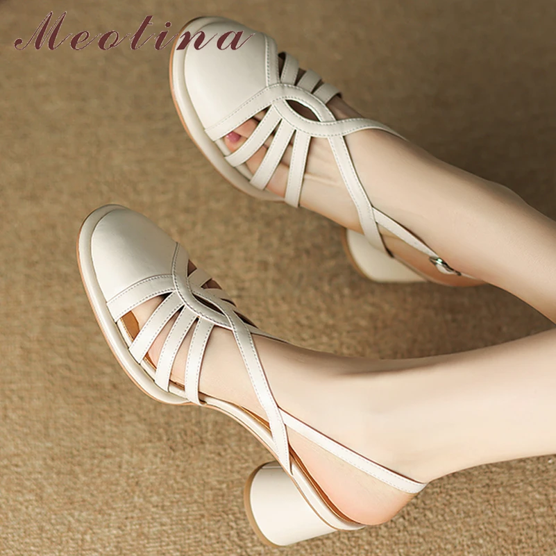 Meotina Women Genuine Leather Sandals Round Toe Chunky High Heels Buckle Narrow Band Ladies Fashion Casual Shoes Summer 42