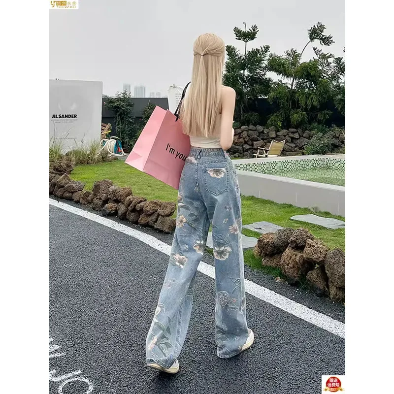 

2026 New Women Plus Size Floral Print High Waist Wide Leg Baggy Jeans Y2K Vintage Straight Denim Trousers Streetwear