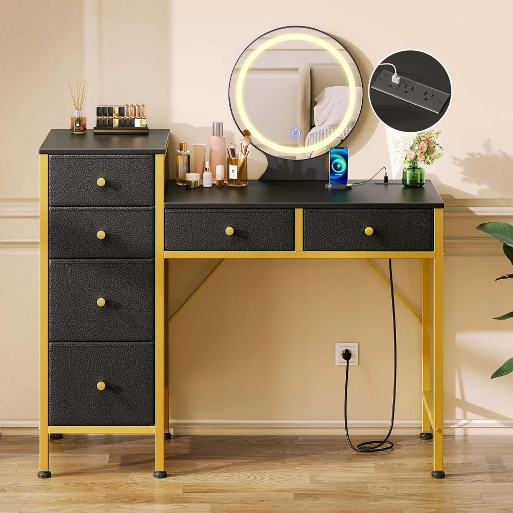 

Vanity Desk with Mirror and Lights, Makeup Vanity Desk with Charging Station, 6 Storage Drawers, 3 Color Modes, Dimmable