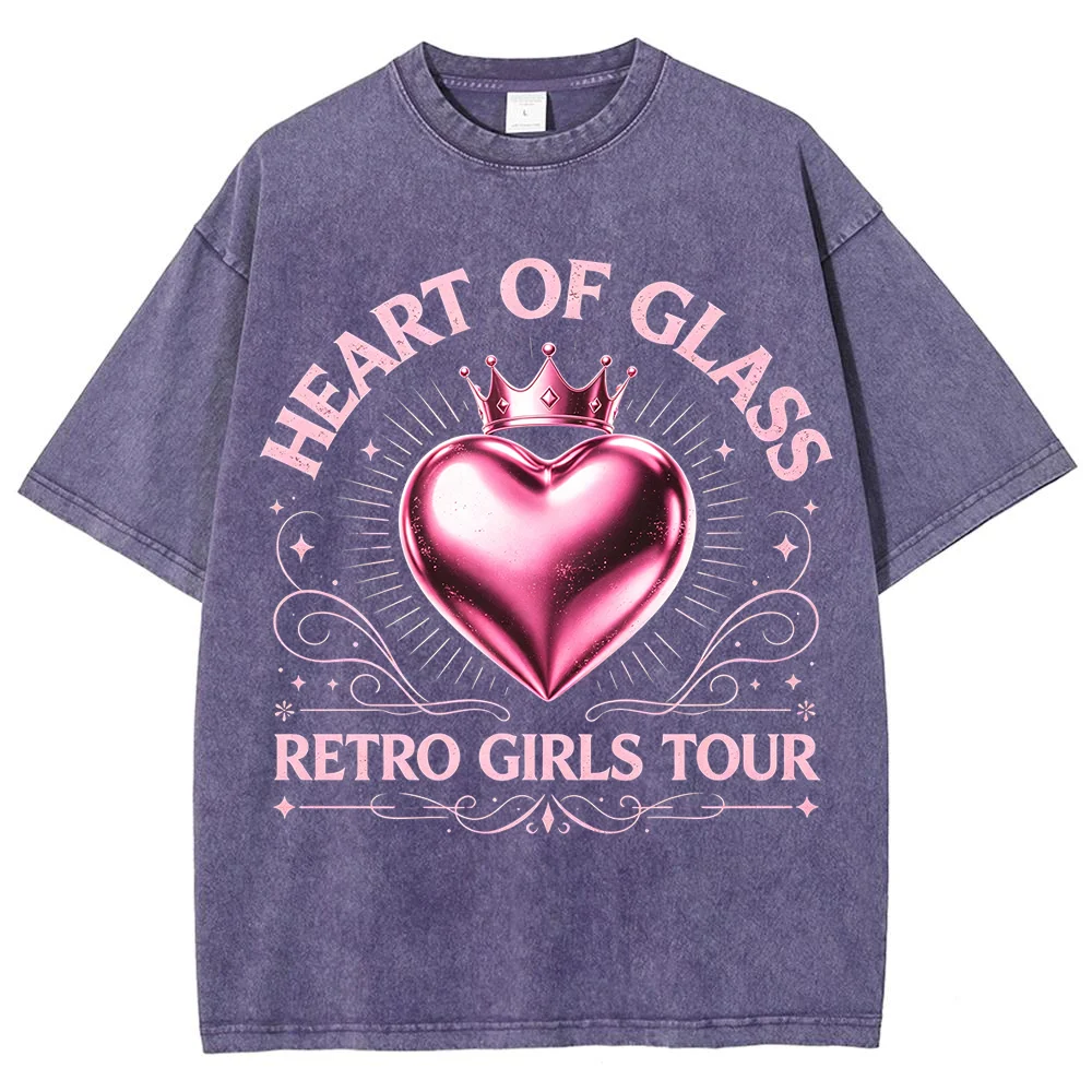 Women  Heart Of Glass T Shirt Pink Crown Heart Graphic Wash Grey Oversized Short Sleeve Cotton Vintage Y2K Streetwear Tops